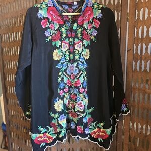 Johnny Was Black Tunic with Colorful Floral Embroidery Size M